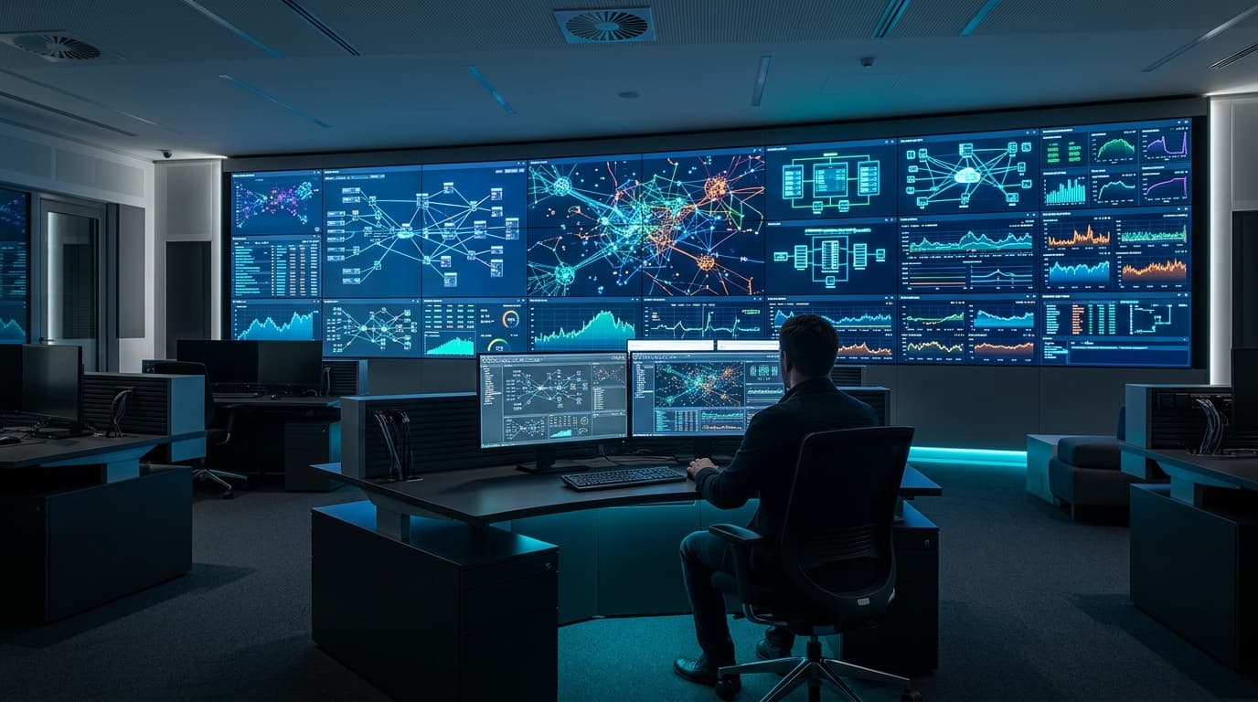 Layar monitor operasi menampilkan sistem monitoring telemetri mesin ATM