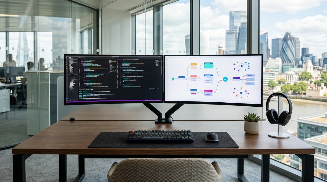 Developer meninjau arsitektur software perbankan pada workstation