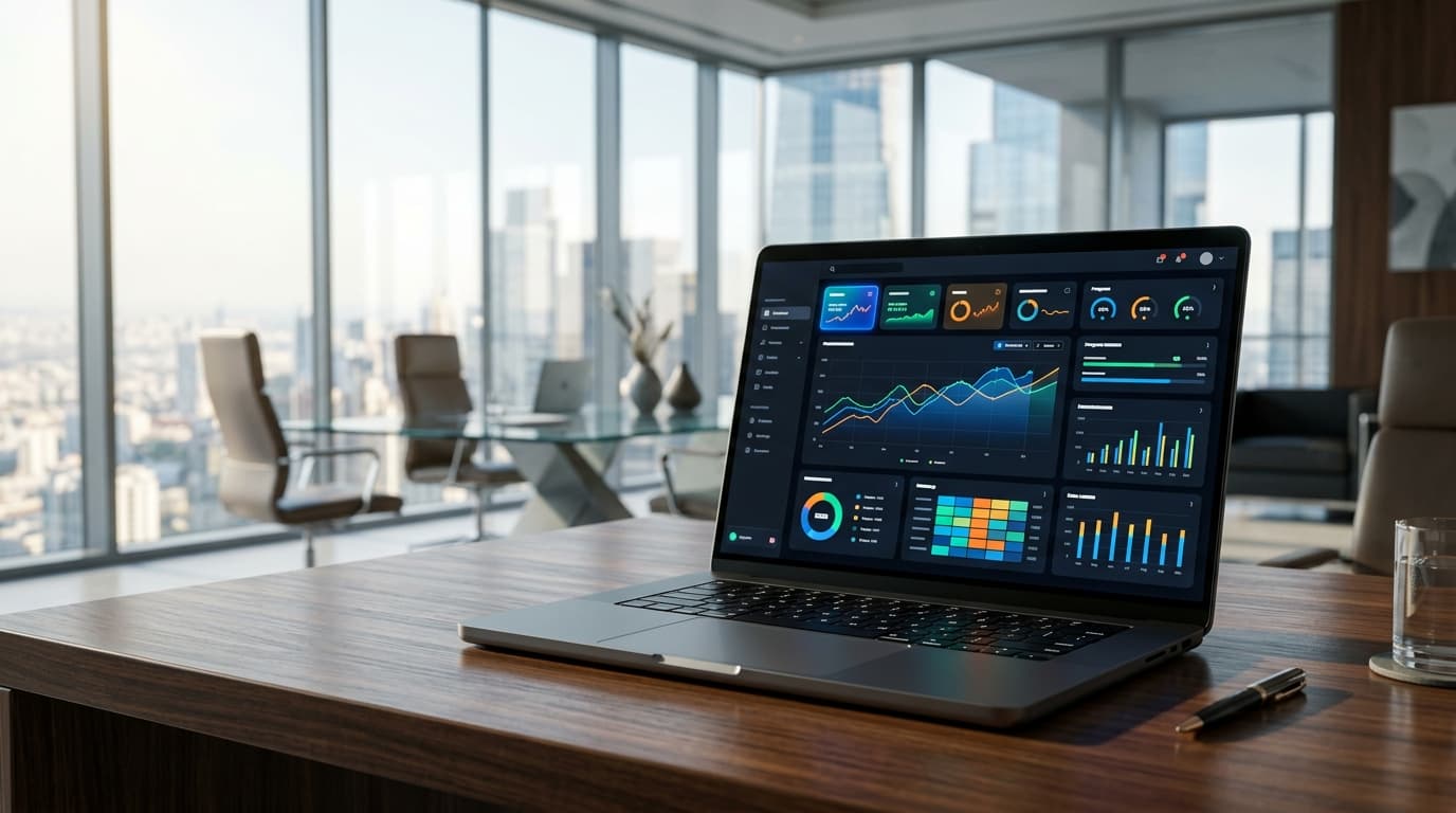 Arsitektur software modern, sistem cloud, dan dashboard analitik pada layar kerja